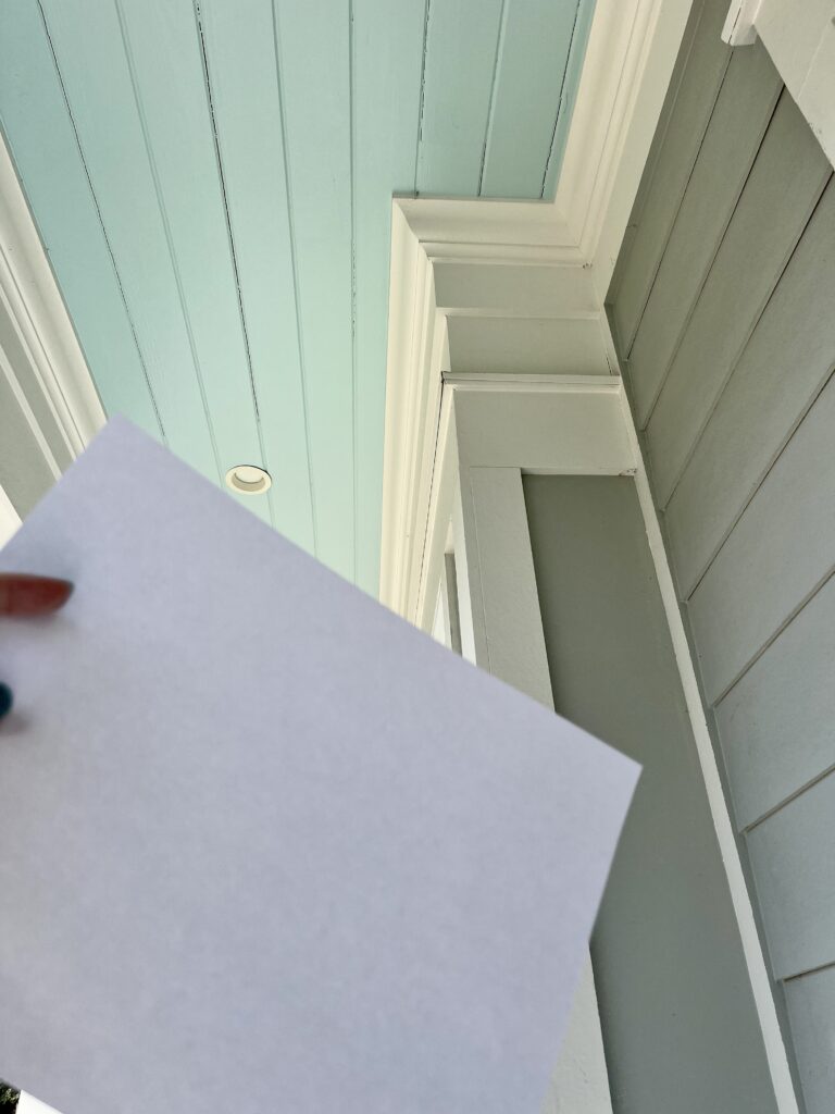 Benjamin Moore Bird's Egg haint blue porch ceiling with gray siding and off-white cream trim, exterior