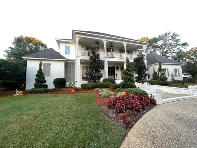Benjamin Moore China White painted brick exterior, Keystone Gray shutters, taupe warm gray asphalt roof