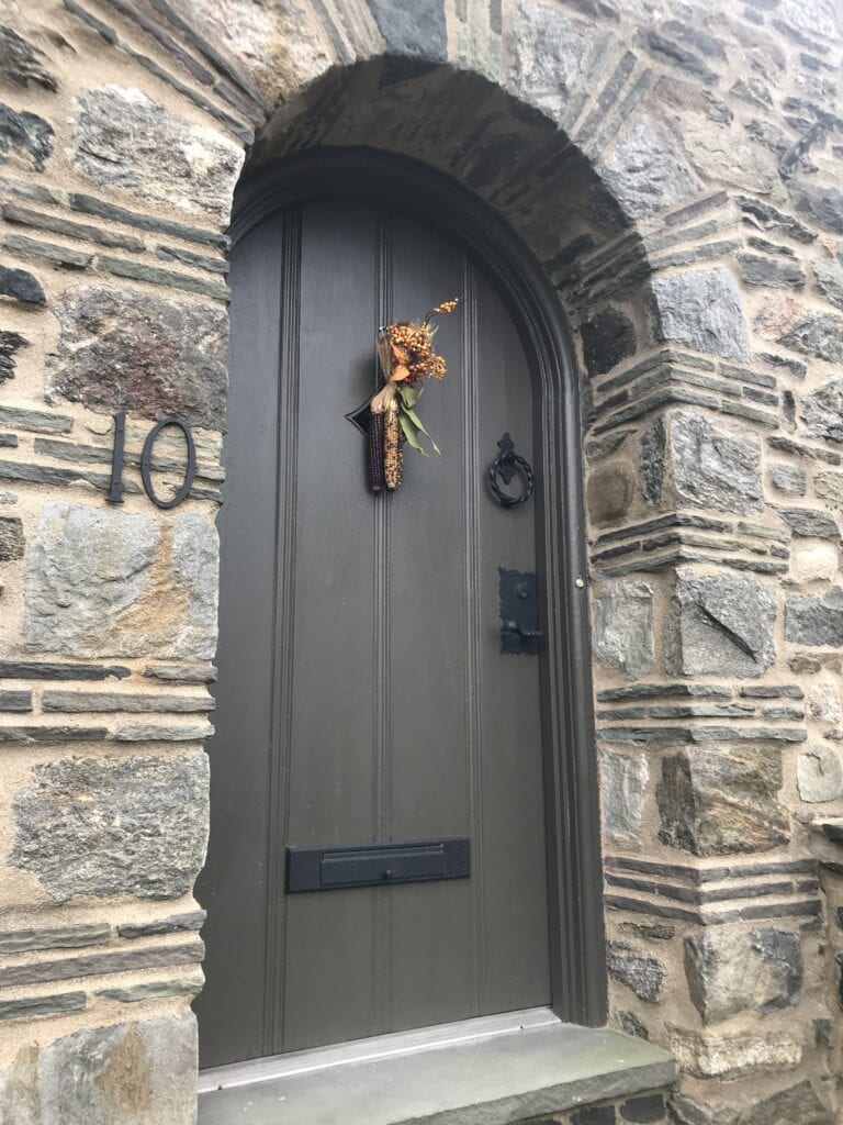 Benjamin Moore Dragons Breath front door, stone exterior, BEST DARK GREIGE DOOR COLOR. KYLIE M
