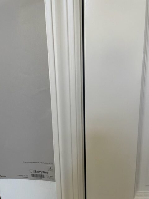 Benjamin Moore Pashmina Samplize, Sherwin Williams Antique White cream trim and door