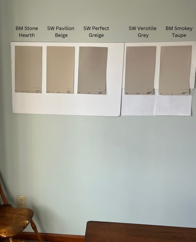 Benjamin Moore Stone Hearth, Smokey Taupe, Sherwin Williams Pavilion Beige, Perfect Greige, Versatile Gray, comparing warm neutrals, samplize
