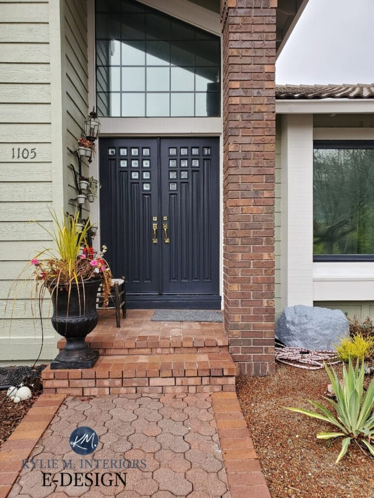 Exterior mid century brick, red orange pavers, terra cotta tile roof, green painted exterior siding, off-white greige trim and window surround, Wrought Iron painted soft black blue front door