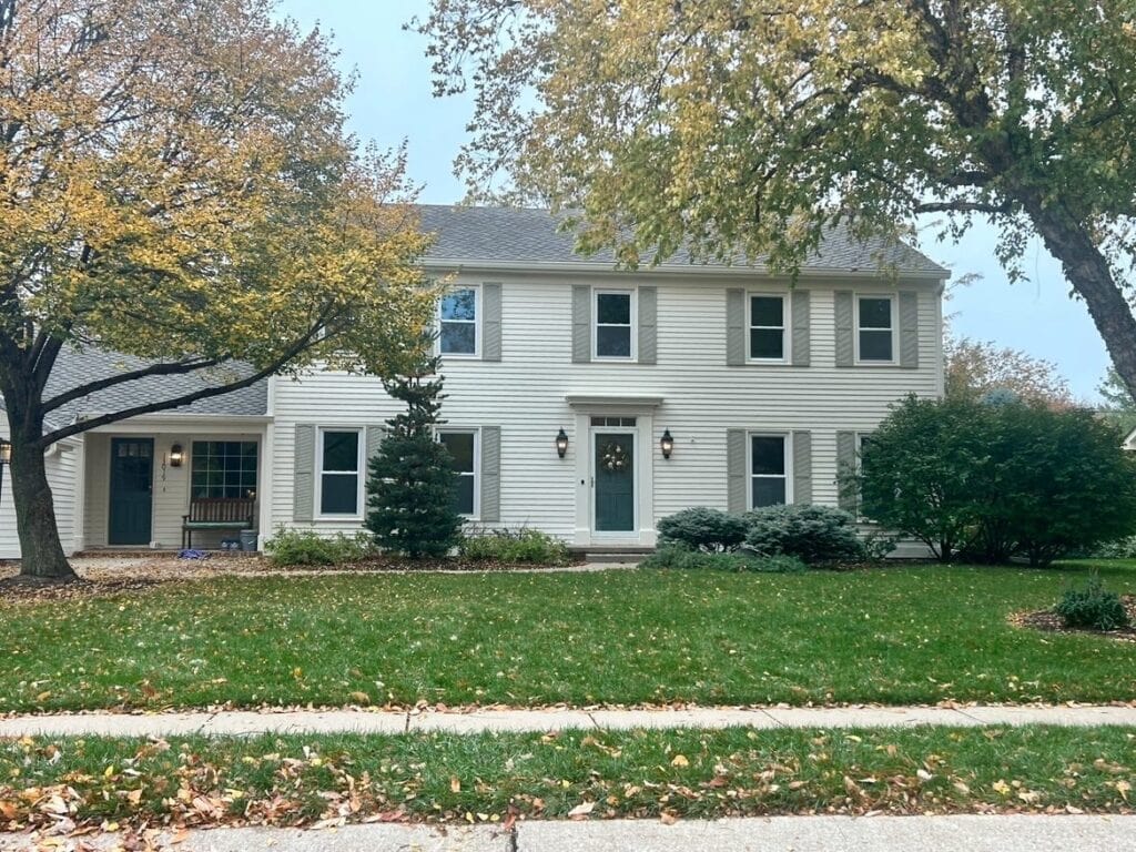 Exterior siding, colonial style house, Sherwin Williams White Duck, Intellectual Gray shutters, greige, Mountain Pass dark green front door, taupe warm gray asphalt roof