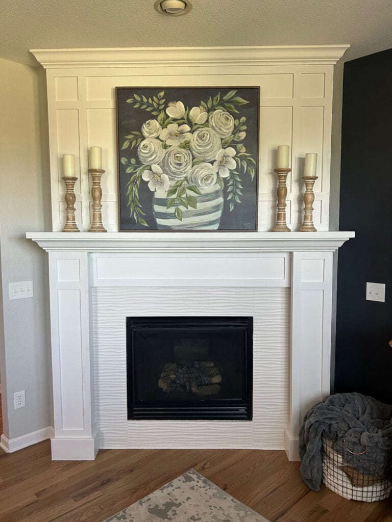 Gas fireplace, wavy white tile, white painted surround and mantel, home decor, wood floor, Gray Owl on walls