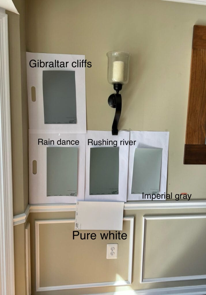 Gibraltar Cliffs, Raindance, Benjamin Moore Rushing River, Imperial Gray and Sherwin Pure White. green-blue-gray Samplize paint colors for wainscoting