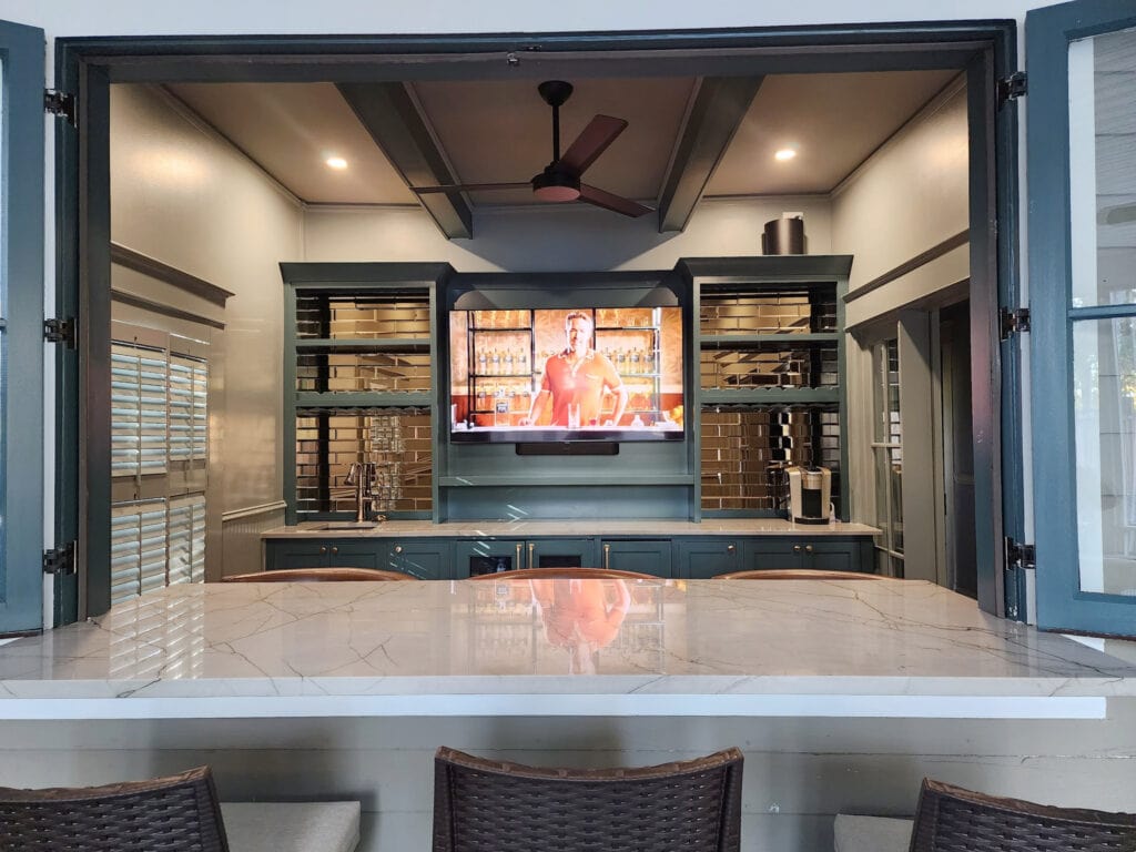 Home bar outside inside, countertop, Cambria Ridgegate off-white quartz, Sherwin Still Water painted blue-green cabinets, mirror backsplash (1)