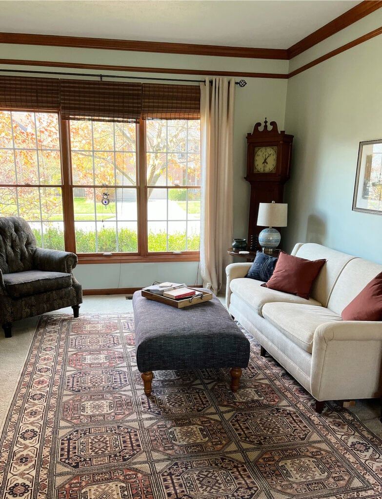 Living room with dark wood trim, windows and crown molding, area rug, sofa, Sherwin Williams Sea Salt, green gray blue paint color on walls