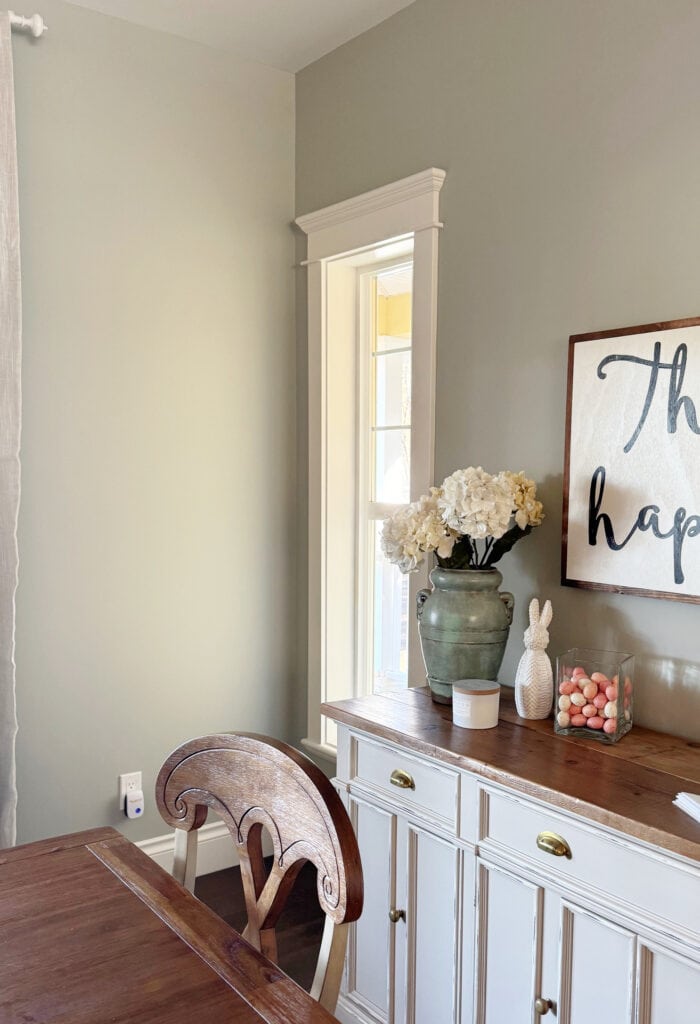 Sherwin Williams Austere Gray, green-gray paint color in dining room with Pier 1 furniture, country style, Pure White trim