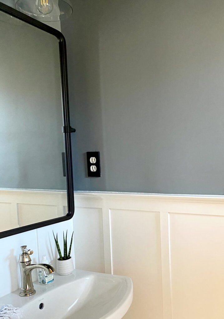 Sherwin Williams Cadet, small powder room, bathroom, pedestal sink, white board and batten