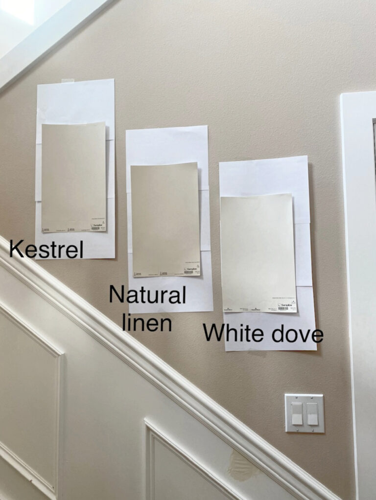 Sherwin Williams Kestrel White, Natural Linen, Benjamin Moore White Dove, samplize samples, comparing beige