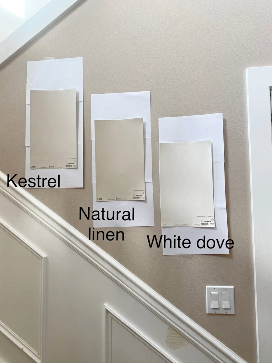 Sherwin Williams Kestrel White, Natural Linen, Benjamin Moore White Dove, samplize samples, comparing beige