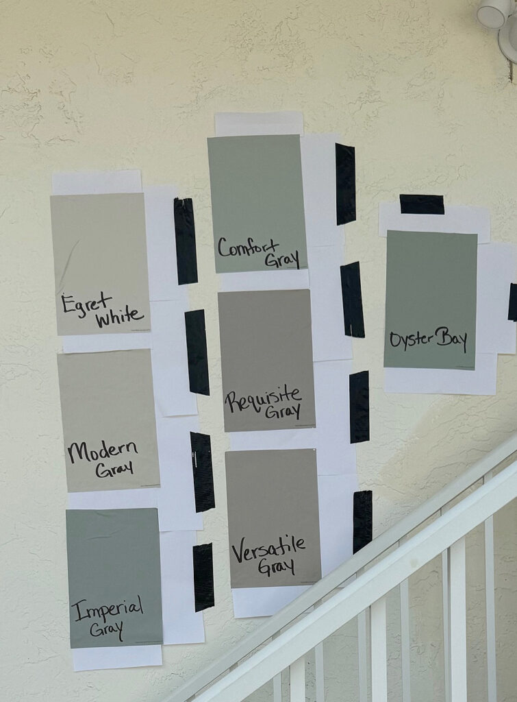 herwin Williams Modern Gray, Egret White, Requisite Gray, Versatile Gray, oyster Bay, Imperial Gray, Comfort Gray paint samples, Samplize on stucco siding (1)