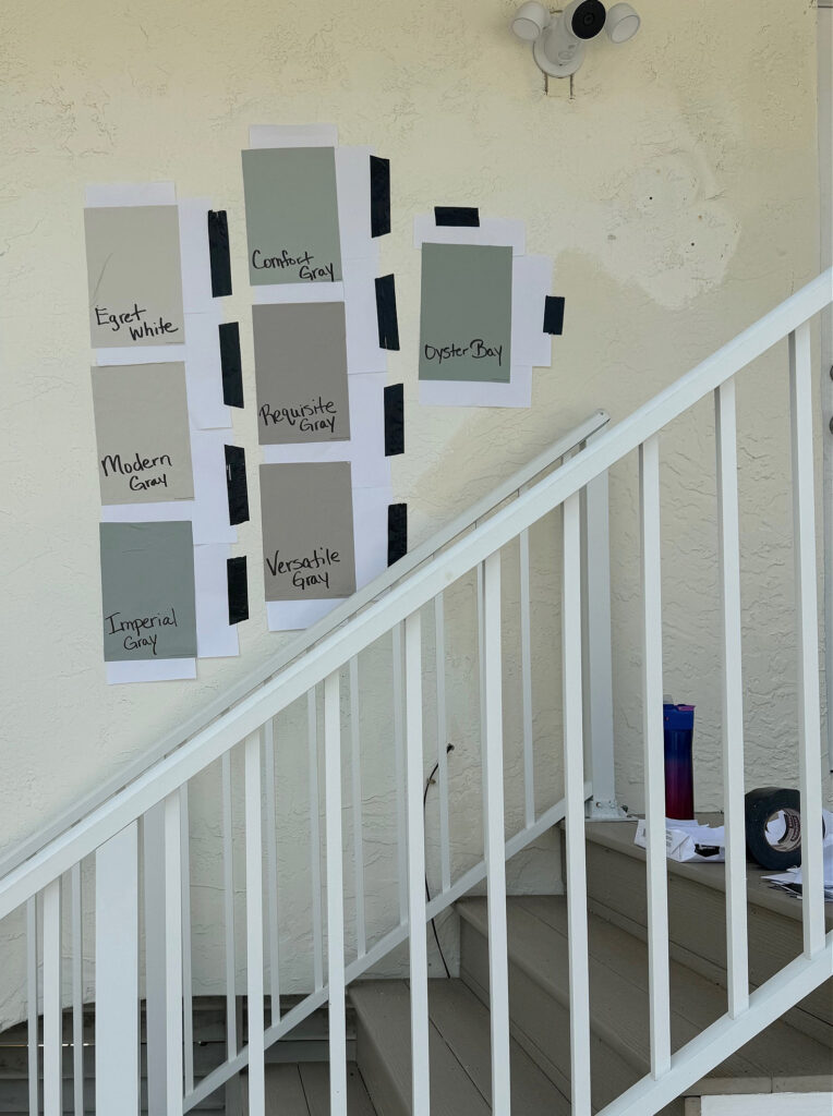 Sherwin Williams Modern Gray, Egret White, Requisite Gray, Versatile Gray, oyster Bay, Imperial Gray, Comfort Gray paint samples, Samplize on stucco siding