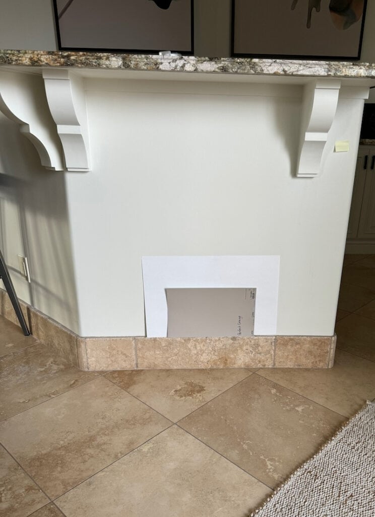 Sherwin Williams Perfect Greige Samplize with travertine tile floor