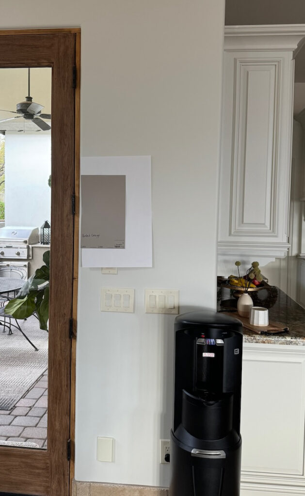 Sherwin Williams Perfect Greige with wood trim