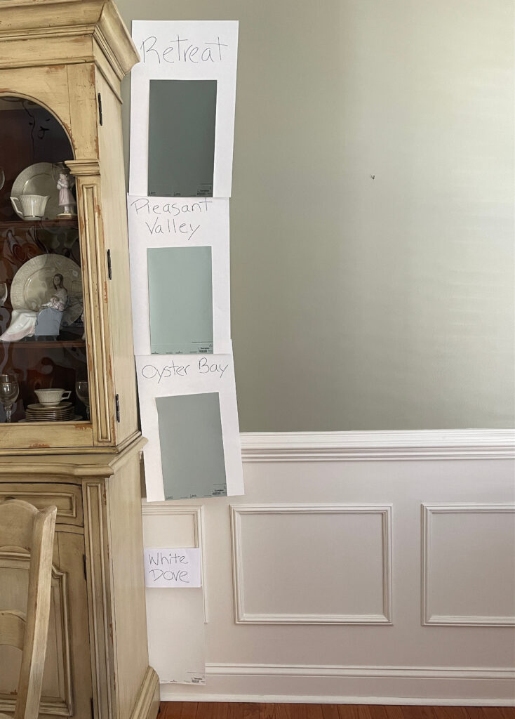 Sherwin Williams Retreat, Oyster Bay, Benjamin Moore Pleasant Valley, the best blue-green-gray paint colors wiht White Dove trim, Samplize peel and stick with heavy glazed cream cabinets