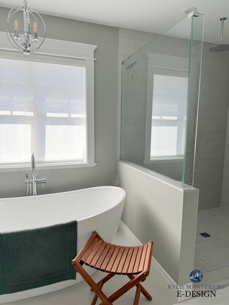 Sherwin Williams Sensible Hue green gray paint color, freestanding bathtub in bathroom, walk in shower, half glass wall and door, tile floor, chrome fixtures, Kylie M
