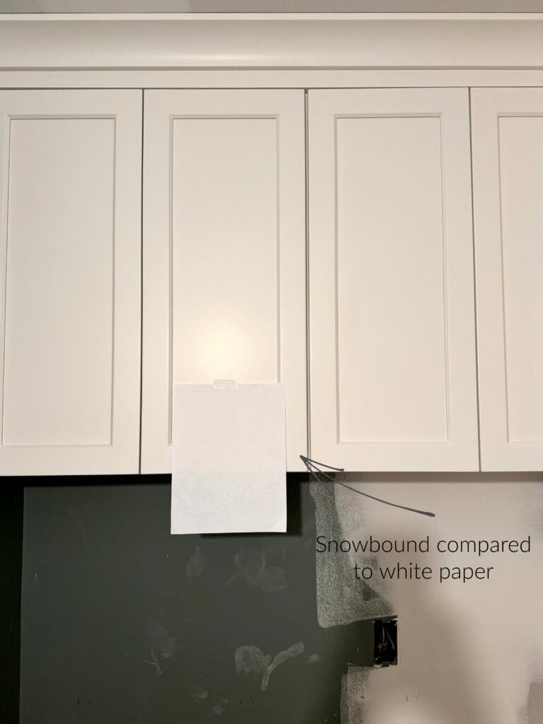 Sherwin Williams Snowbound painted cabinets, warm soft white or off-white