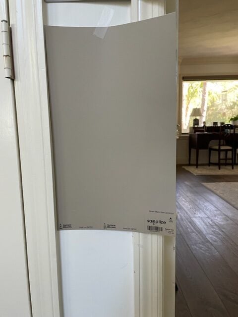 Sherwin Williams Stone Lion Samplize peel and stick beige tan paint color with Antique White cream trim that goes together