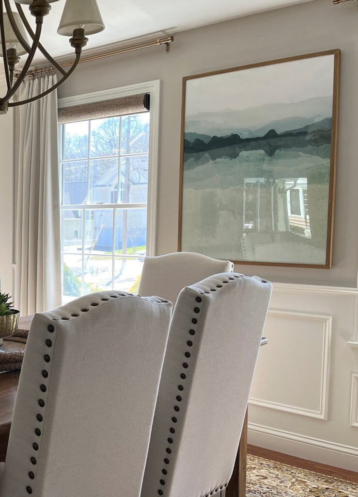 Sherwin Williams Worldly Gray, White Dove trim and wainscoting, transitional modern farmhouse home decor and furniture, best greige neutral