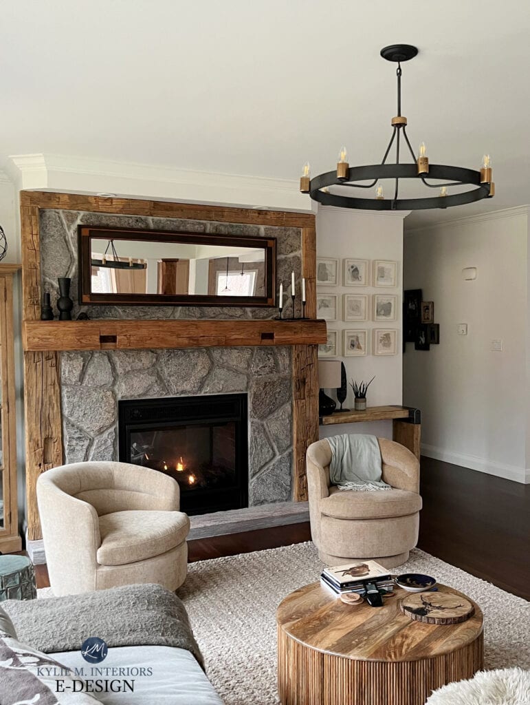 Stone fireplace with rustic reclaimed wood mantel, dark wood floor, Benjamin MOore White Dove, warm creamy white on walls, trims, ceiling, color drench. Gray sectional, beige tub chairs (1)