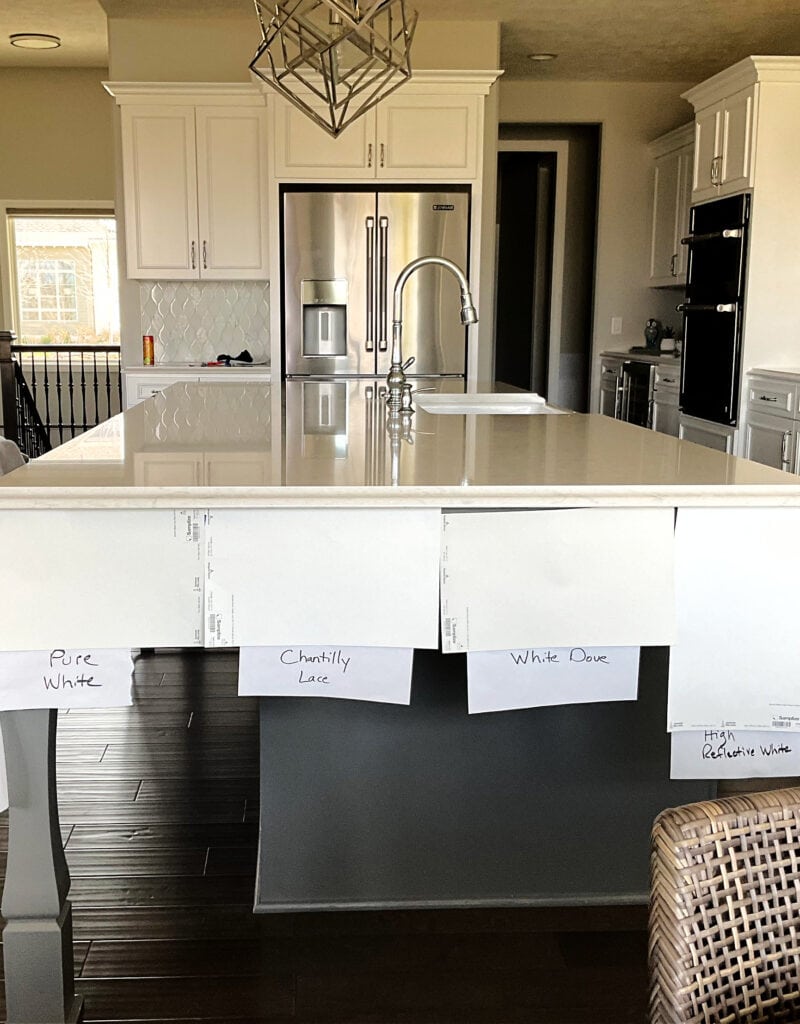 The difference between the best white cabinet colors, Sherwin Williams Pure White, HIgh Reflective White, Benjamin Moore Chantilly Lace, White Dove