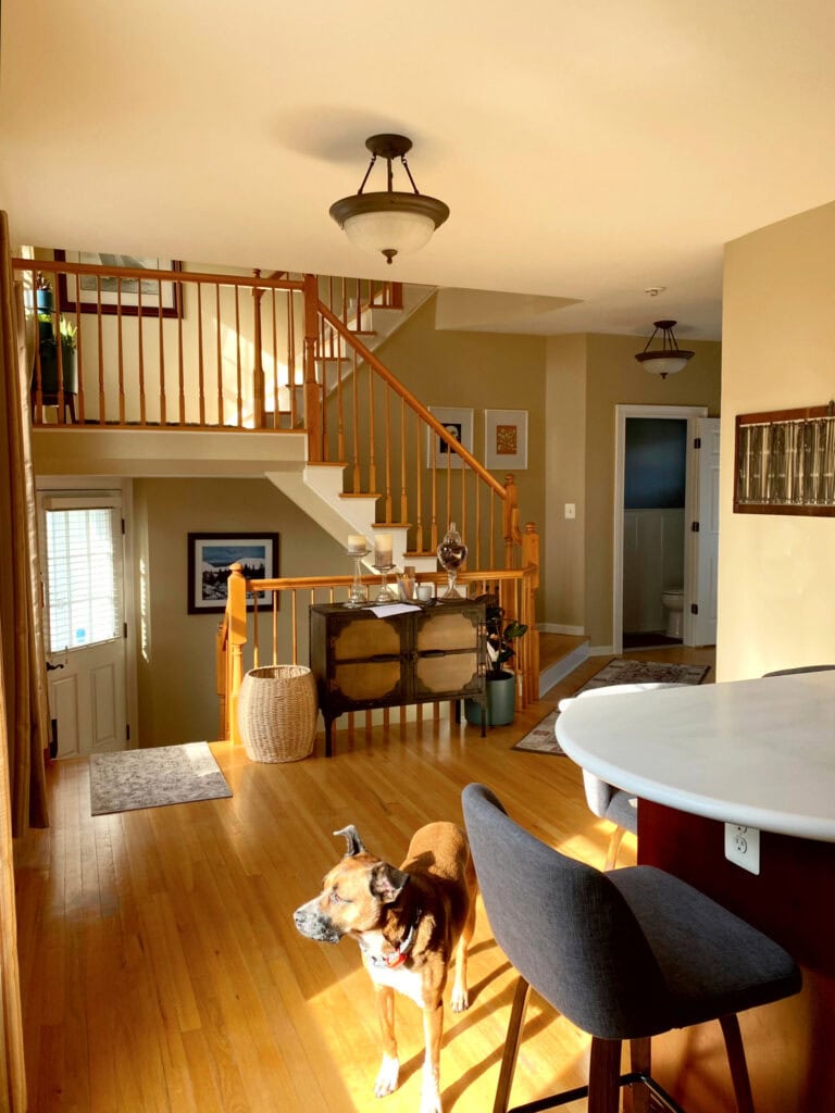 WArm beige paint color, sun, beige walls, Restoration Hardware Latte, wood floor and stair railing