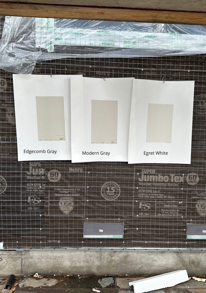 benjamin moore edgecomb Gray, Sherwin Williams Modern Gray and Egret White on exterior dark black stone, samplize samples