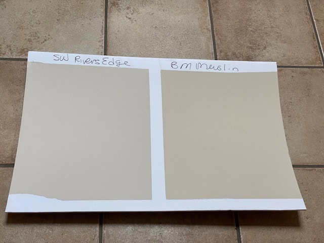 comparing benjamin moore muslin and sherwin williams rivers edge, both popular beige paint colors