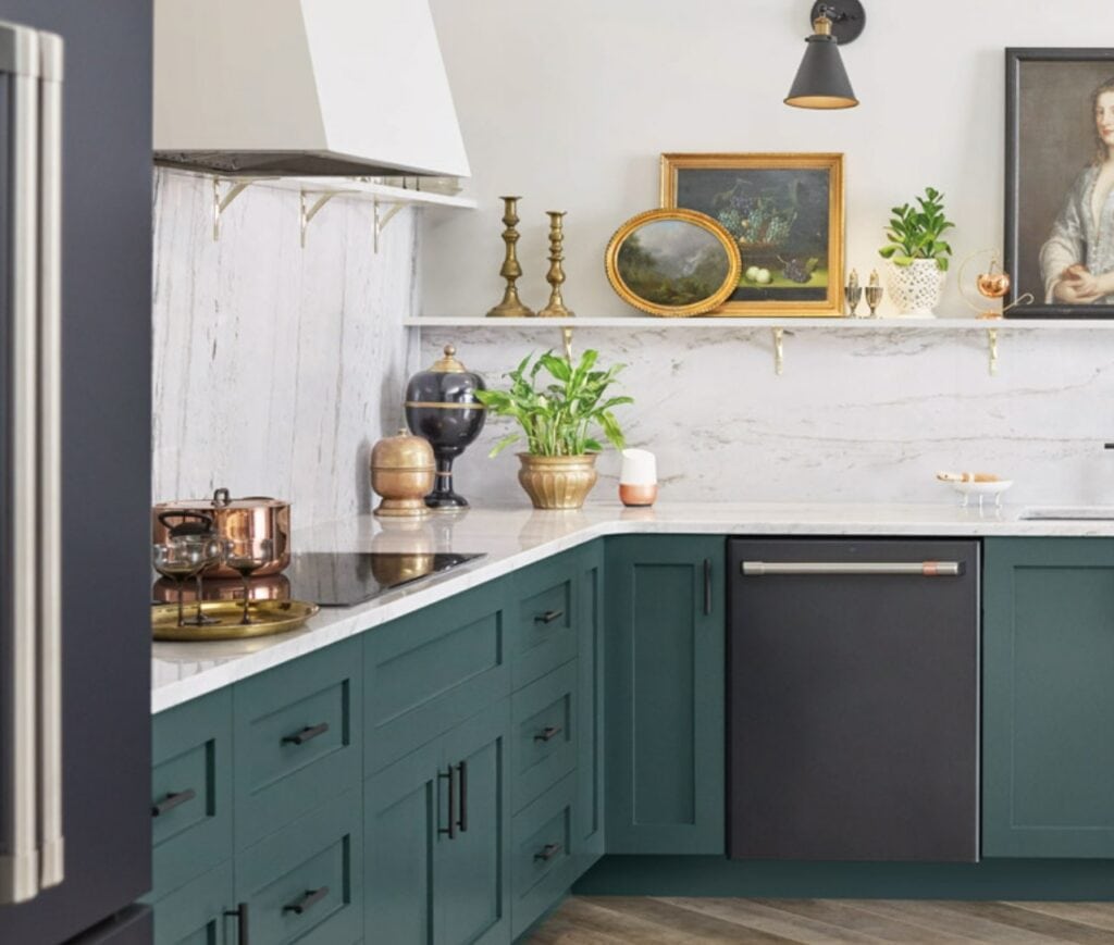 ge cafe matte black with green cabinets and white granite or marble countertop
