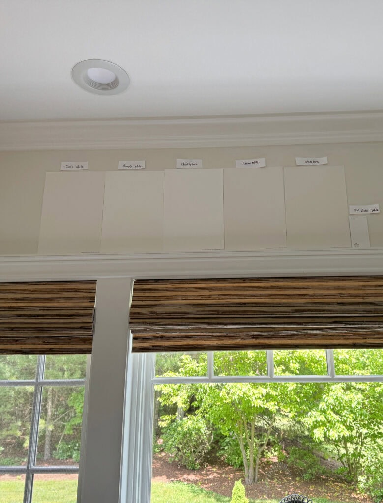 Comparing popular simlar shades of white, Benjamin Moore Cloud White, Simply White, Chantilly Lace, Atrium White, White Dove, Sherwin Extra White on Pearly white walls (1)