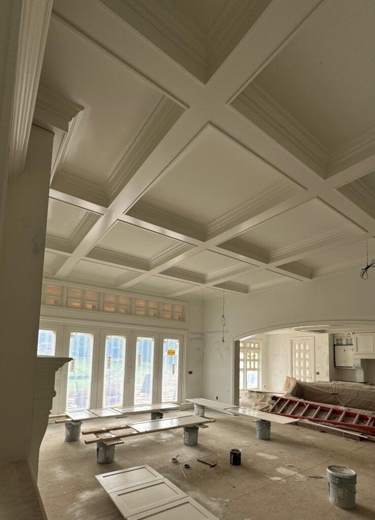 SHERWIN WILLIAMS ALABASTER COFFERED CEILING LIVING ROOM ARCHED OPENING