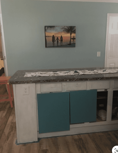 Sherwin Williams Cloudburst sample teal paint color for island