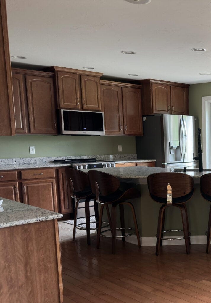 kitchen wood cherry cabinets, granite, beige tile floor, wood floor, BEFORE (1)
