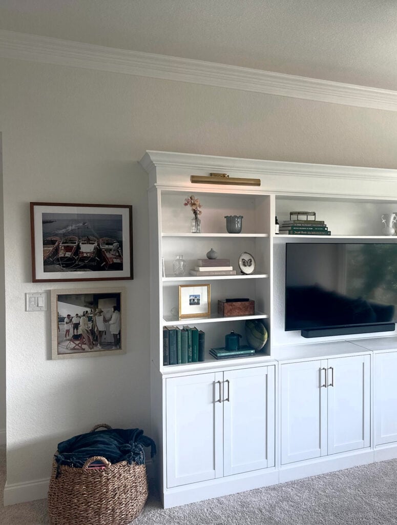 Benjamin MOore White Dove textured walls, taupe carpet, Benjamin Moore chantilly Lace built in tv cabinet, crown molding,