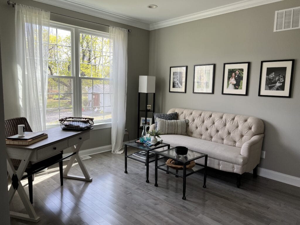 Sherwin Williams MIndful Gray is too green warm gray for the gray purple undertone in this laminate floor