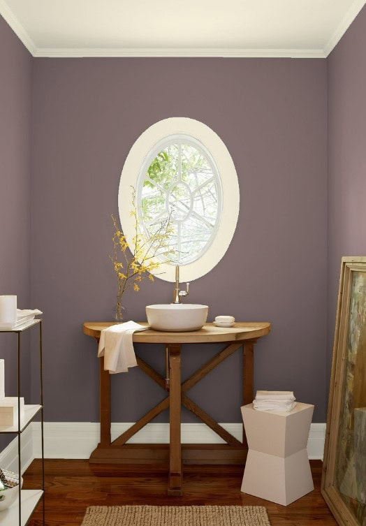 Benjamin Moore Cinnamon slate in small powder room bathroom, Benjamin Moore visualizer, best purple paint color