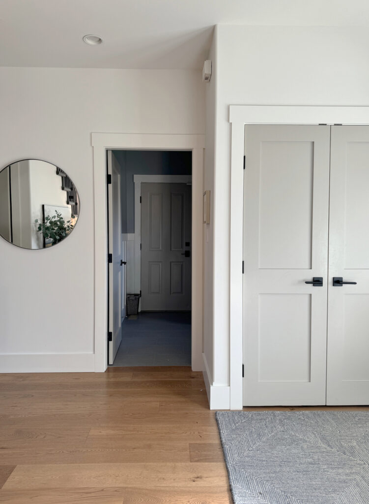 Interior closet and bedroom doors painted Benjamin Moore REvere Pewter, could work on trim. White walls and trims, oak wood floor