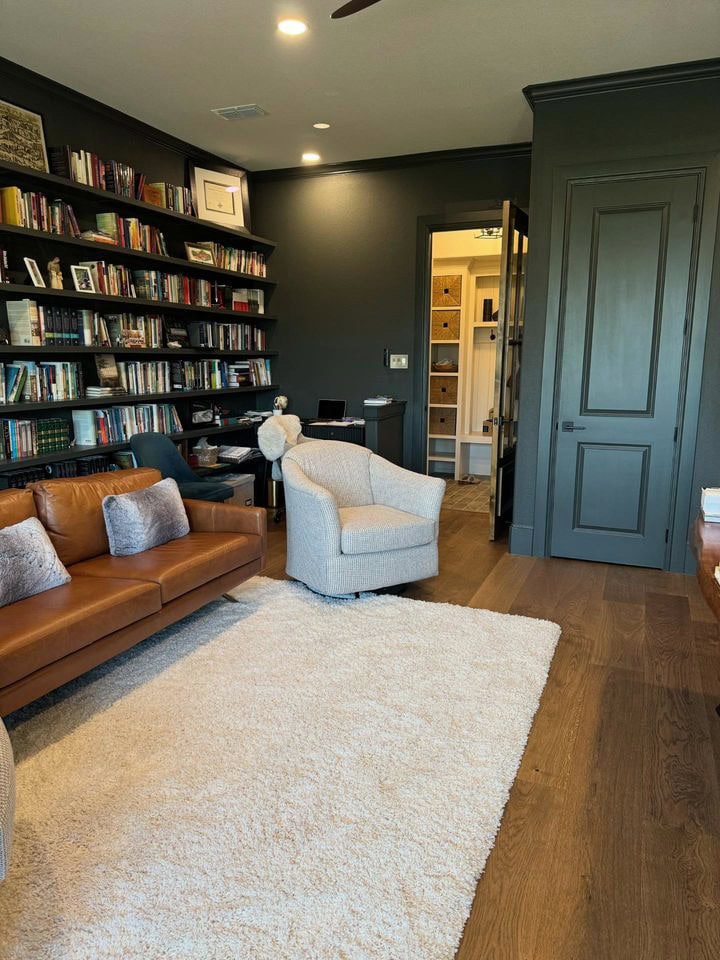 Sherwin Williams Rock Bottom, home office, wood floor, colordrench, floating shelves for books, oak wood floor