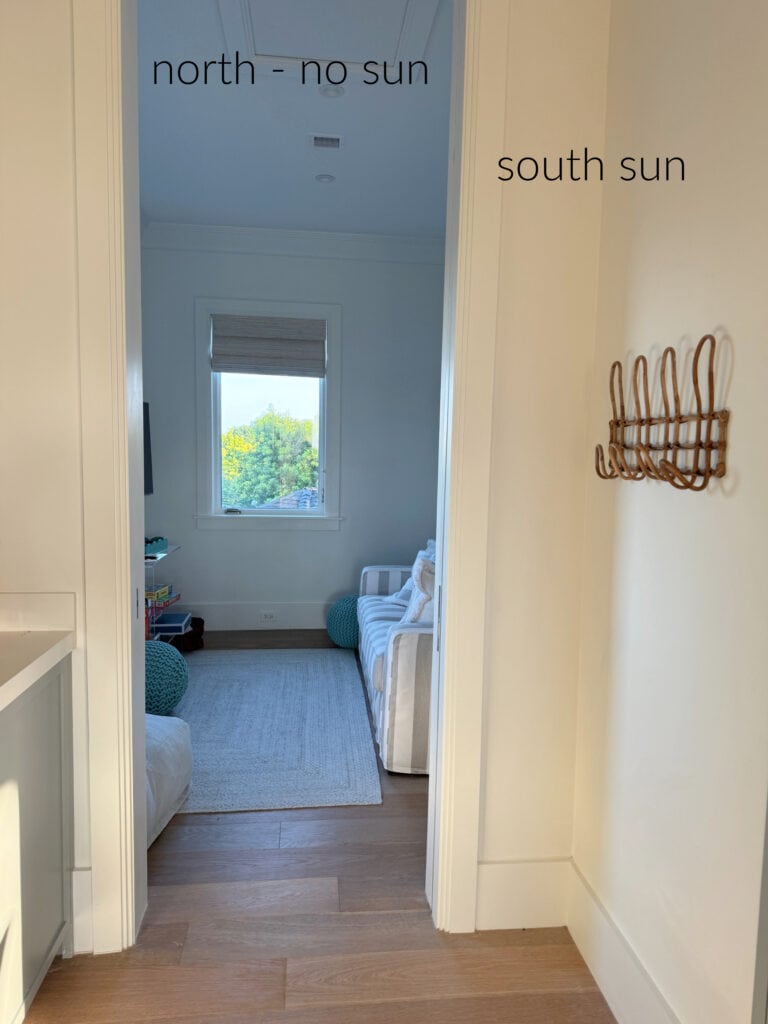 Sherwin Williams Snowbound on walls and trim in room with south-facing sunlight and a north-facing room where it looks cooler, wood floor (2)