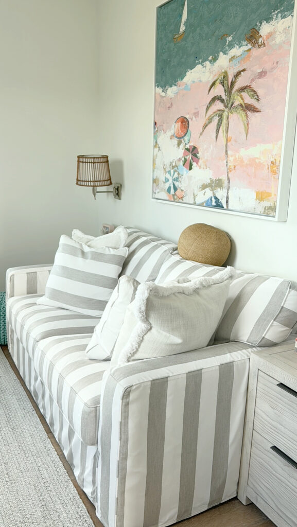Sherwin Williams Snowbound with artwork, home decor, beach island home, striped sofa (2)