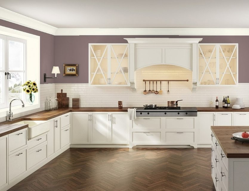 white kitchen cabinets, herringbone wood floor, butcher block countertop and island, purple Cinnamon Slate paint color on walls, white subway tile, BEnjamin Moore visualizer