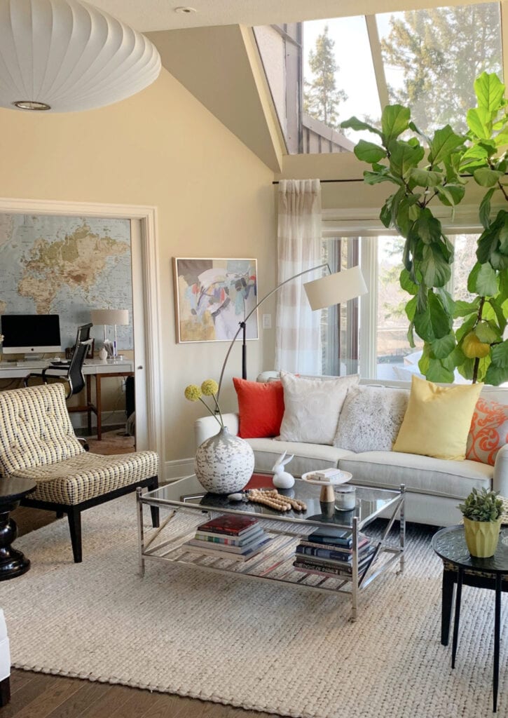 Benjamin Moore Manchester Tan, warm neutral paint color, eclectic home decor and furniture, vaulted ceiling