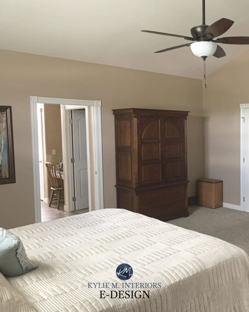 Best beige paint colour, Sherwin Williams Nomadic Desert, beige carpet, dark wood furniture in bedroom. Kylie M Interiors Edesign, top virtual color consultant and diy decorating ideas blogger (1)