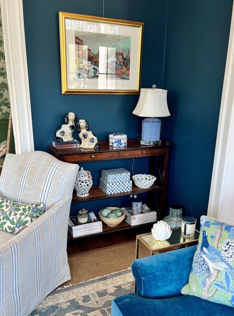 Farrow and Ball Hague Blue, Benjamin Moore White Dove trim, best dark blue, traditional formal home and room decor, striped accent chair, green dining room (1)
