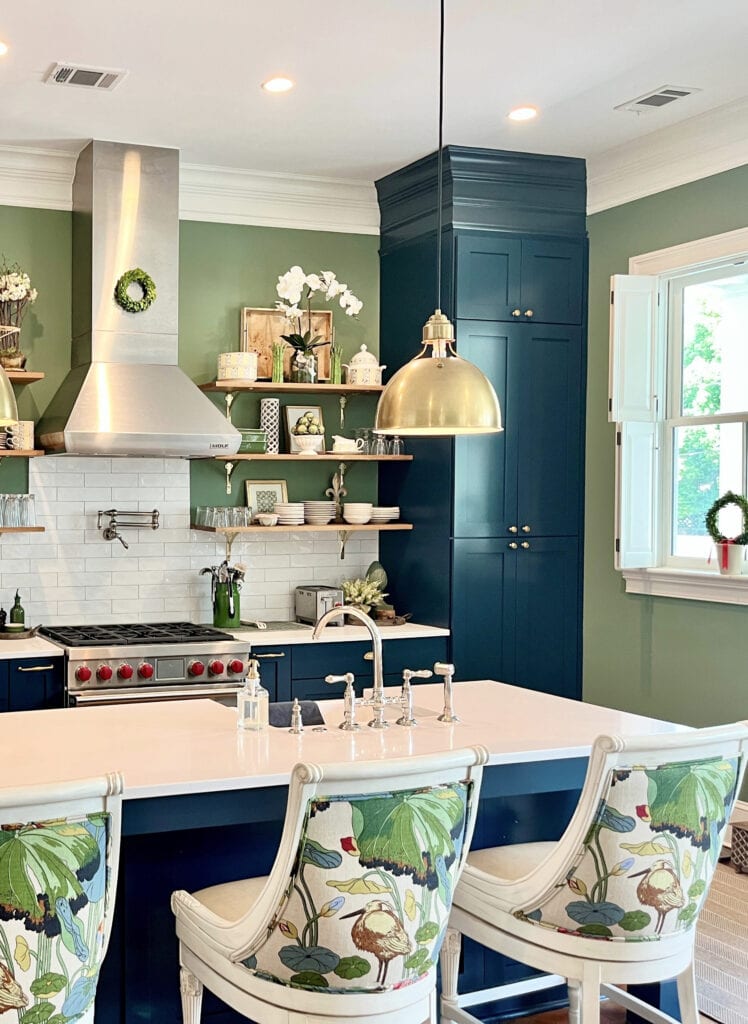 Farrow and Ball Hague Blue painted kitchen cabinets, Calke Green walls, white subway tile, white quartz, gold hardware, floating wood shelves, traditional kitchen, crown molding (1)