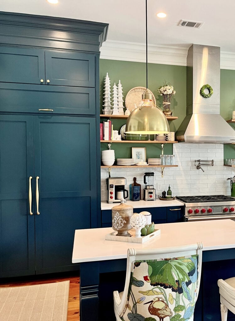 Farrow and Ball Hague Blue painted kitchen cabinets, Calke Green walls, white subway tile, white quartz, gold hardware, floating wood shelves, traditional kitchen, crown molding (3)