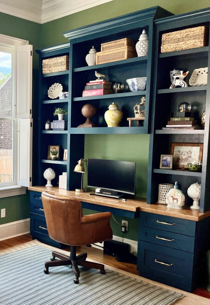 HOme office with Fakrow and Ball Calke Green and Hague Blue on the built in desk and cabinets, butcher block counter