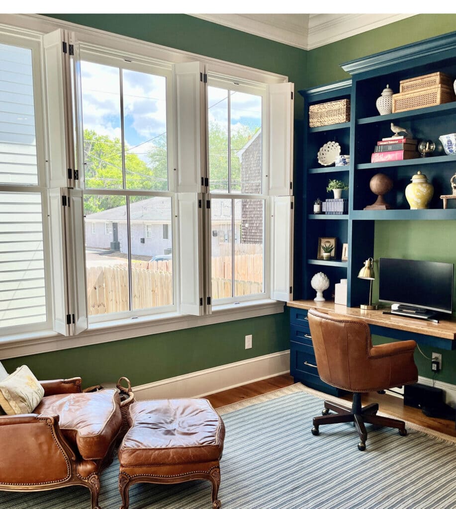 Home office, Farrow & Ball Calke Green paint color on walls, Hague Blue desk and builtins, cognac tobacco leather accent and desk chair, wood floor, traditional style decor, shutters (2)