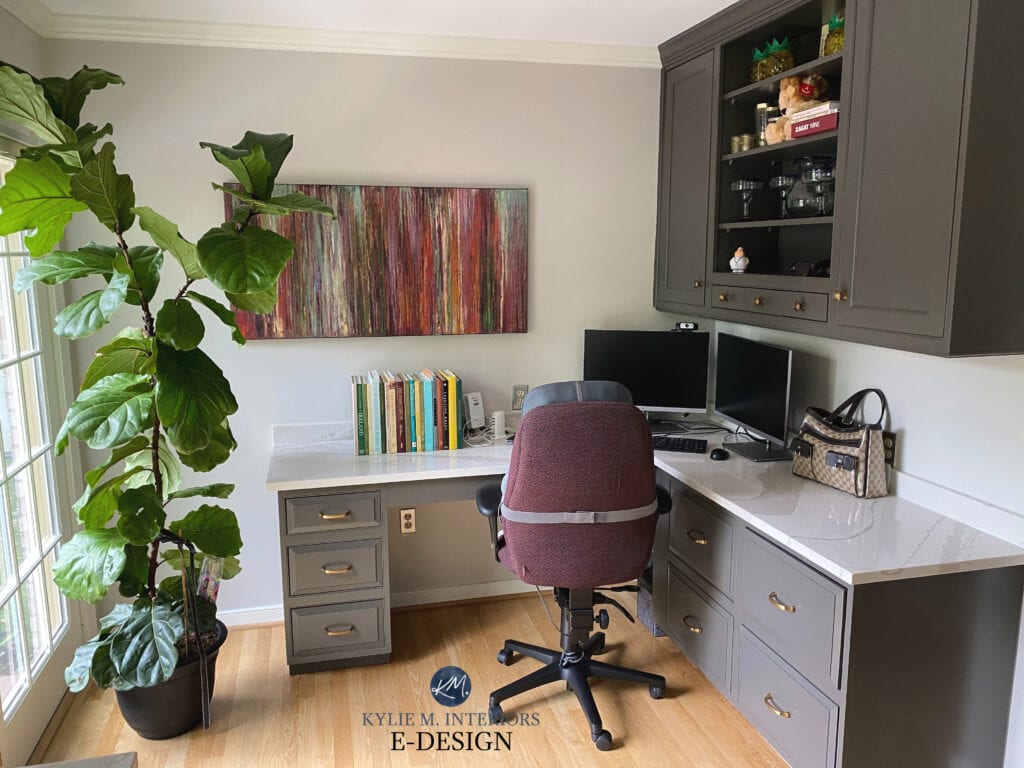 Home office with painted cabinets in Sherwin Williams Urbane Bronze, Agreeable Gray on the walls and wood floor